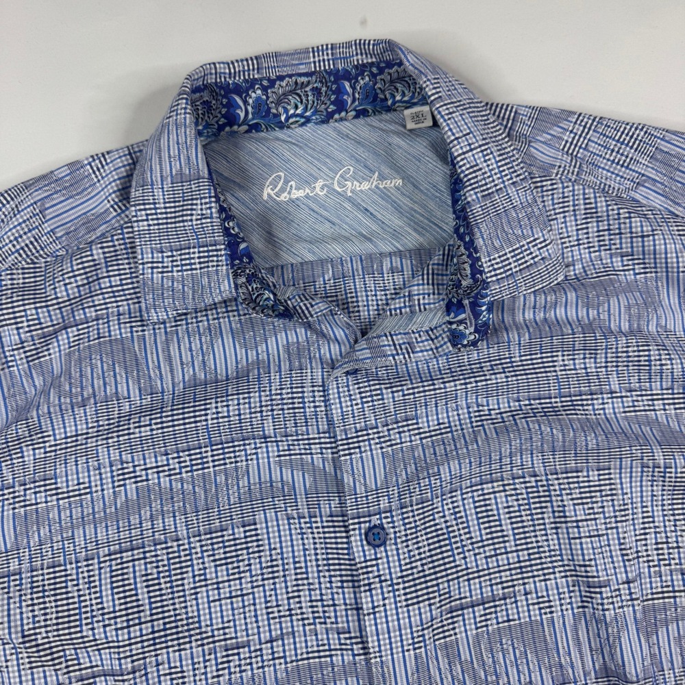 Robert Graham Button Down Shirt Mens 2XL‎ Blue White Geometric Short Sleeve